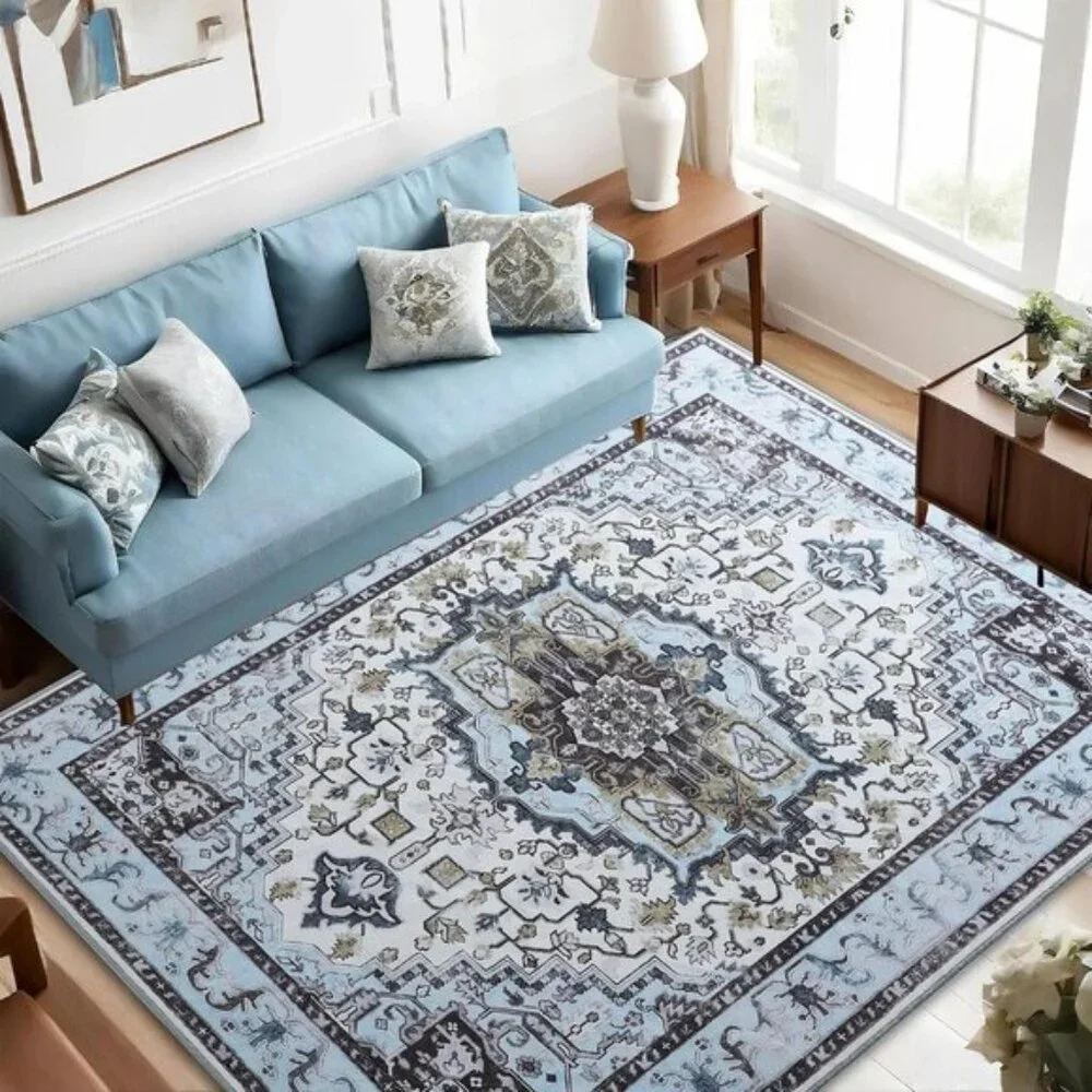 New 5x7 Vintage Blue Area Rug, Washable, Low Pile Non-Slip Distressed Carpet
